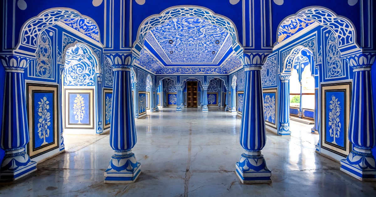 Shri Niwas or the Blue Hall entrance, situated on the 6th floor of Chandra Mahal, the residence of the former royal family of Jaipur, Rajasthan. India. 