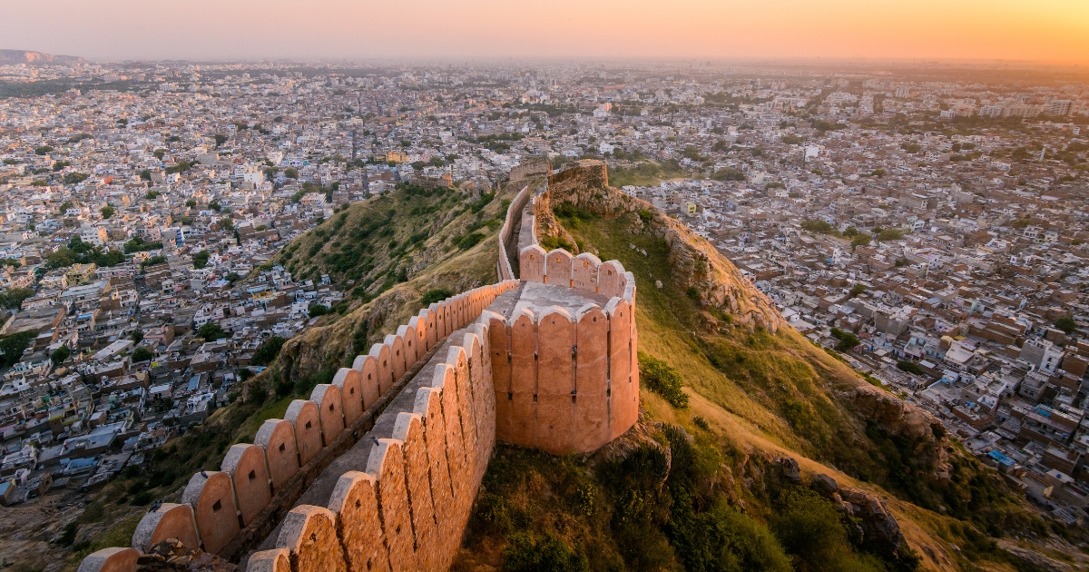 Sunset view of Nahargarh Fort on the edge of Aravalli  Hills, Jaipur, Rajasthan, India